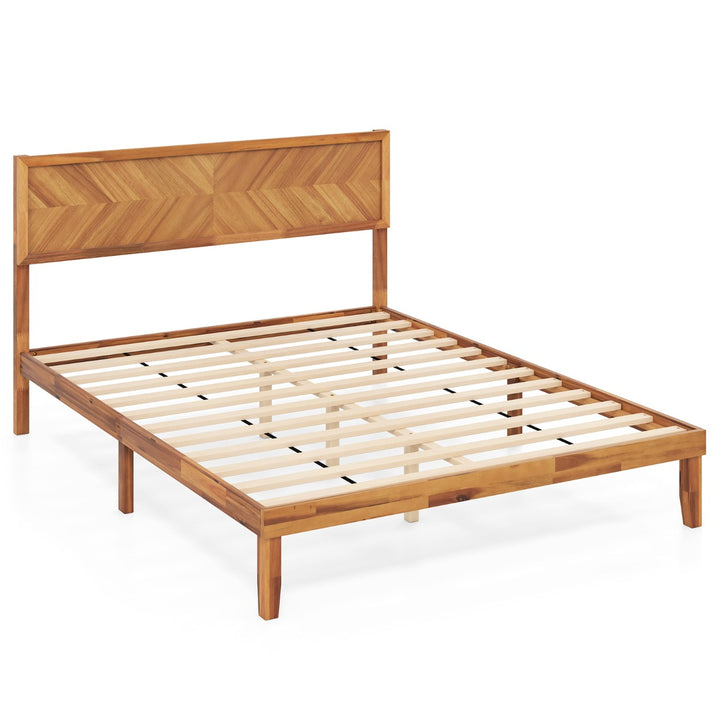 Mid-Century Acacia Wood Bed Frame with Headboard