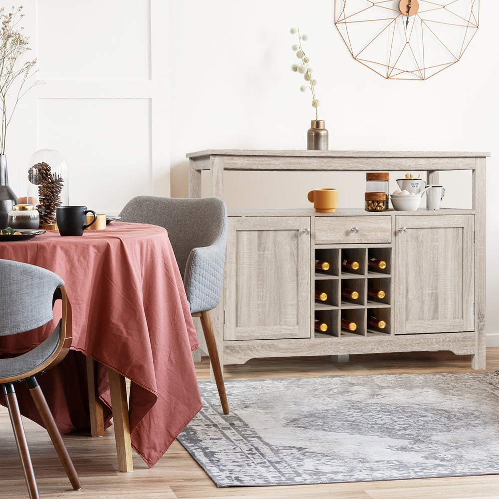 Rustic Cupboard Storage Organizer with 2 Cabinets and 1 Drawer & 9 Bottle Wine Rack - TidySpaces