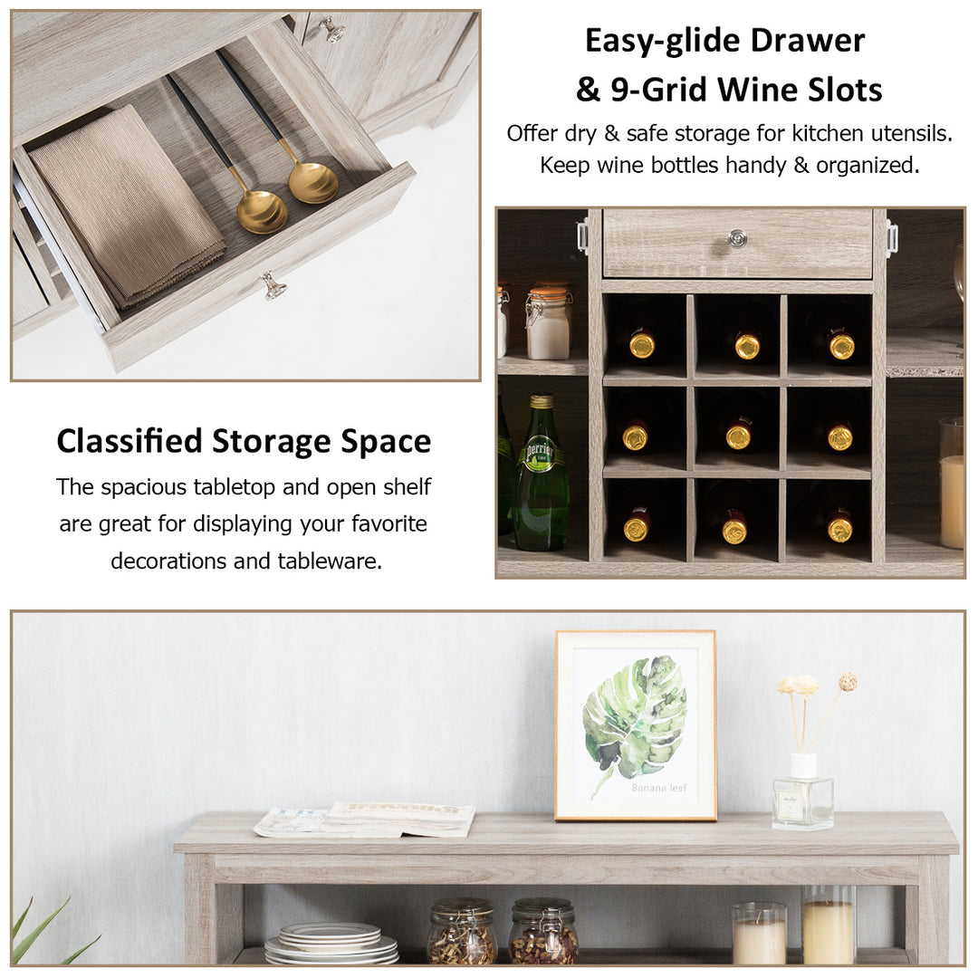 Rustic Cupboard Storage Organizer with 2 Cabinets and 1 Drawer & 9 Bottle Wine Rack - TidySpaces