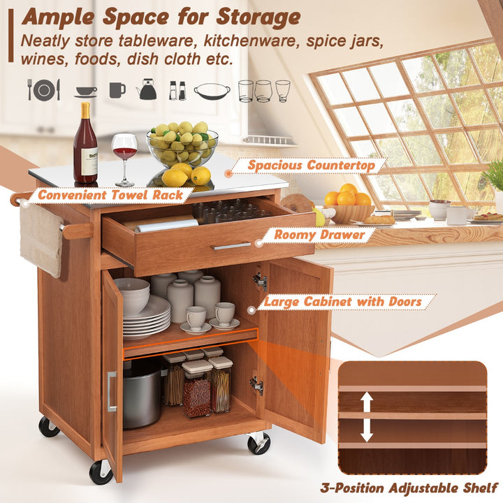 Kitchen Cart with Stainless Steel Countertop and 3 Position Adjustable Shelf