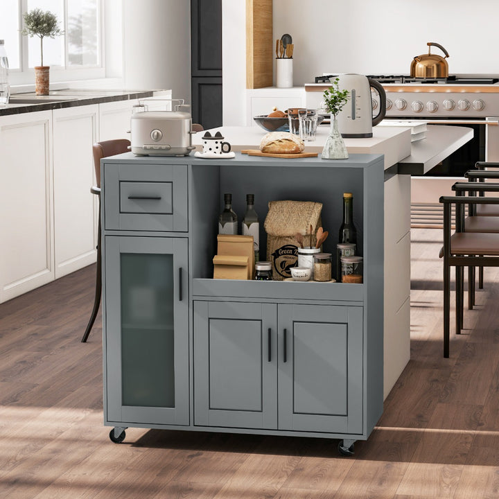 Rolling Kitchen Island with Drawer and Glass Door Cabinet