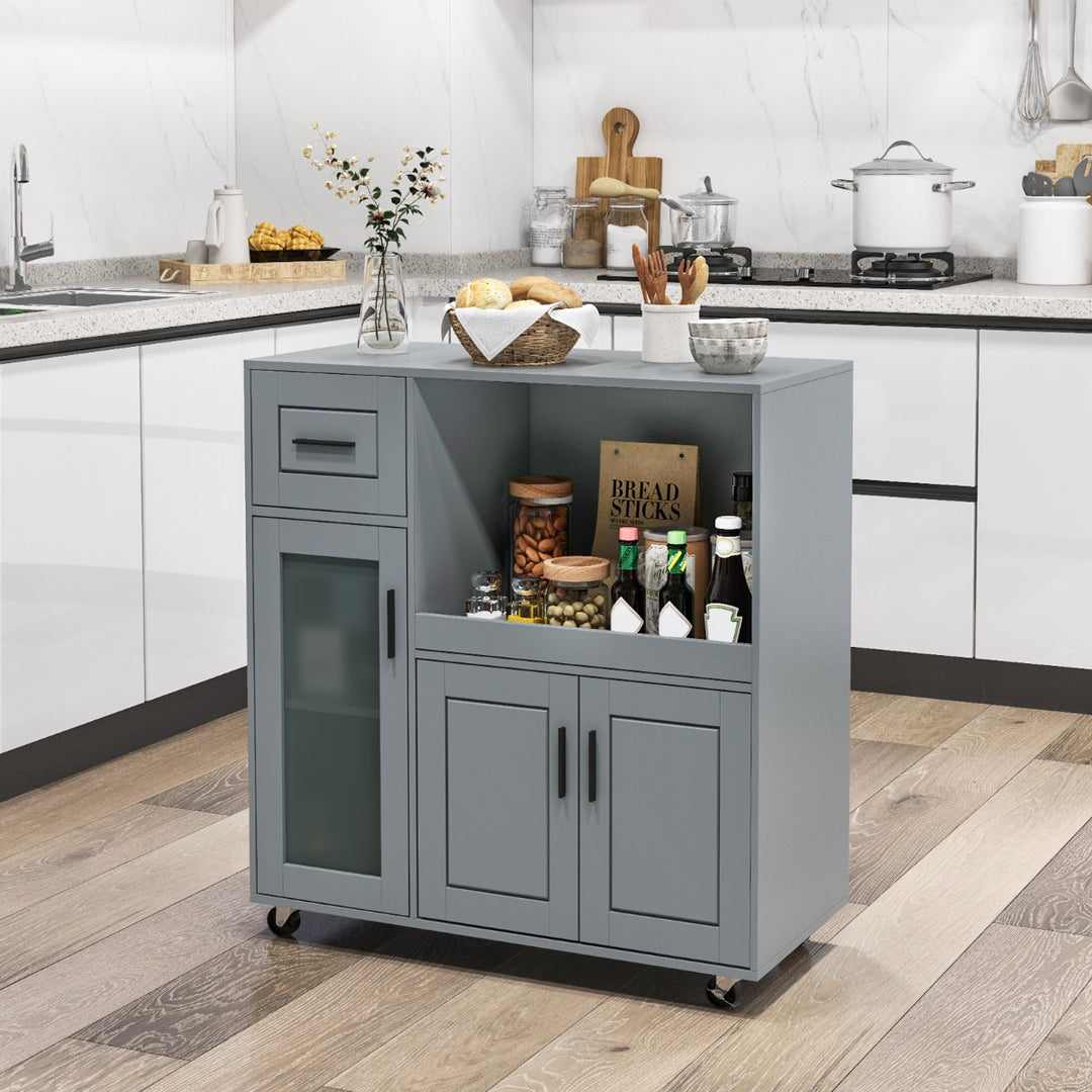 Rolling Kitchen Island with Drawer and Glass Door Cabinet