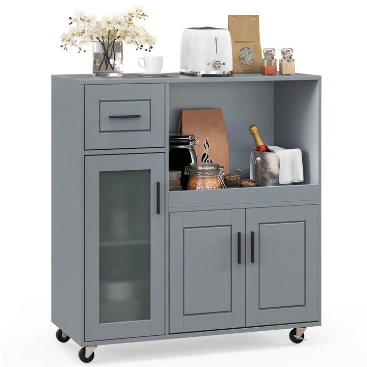 Rolling Kitchen Island with Drawer and Glass Door Cabinet