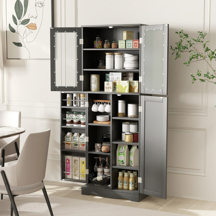 Kitchen Pantry Storage Cabinet with Glass Doors and Storage Shelves