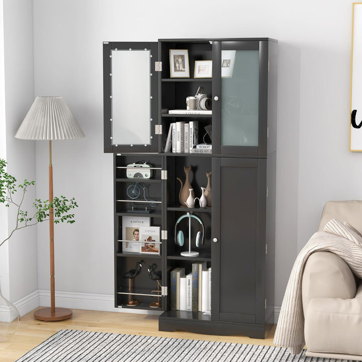 Kitchen Pantry Storage Cabinet with Glass Doors and Storage Shelves