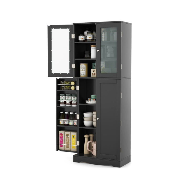 Kitchen Pantry Storage Cabinet with Glass Doors and Storage Shelves