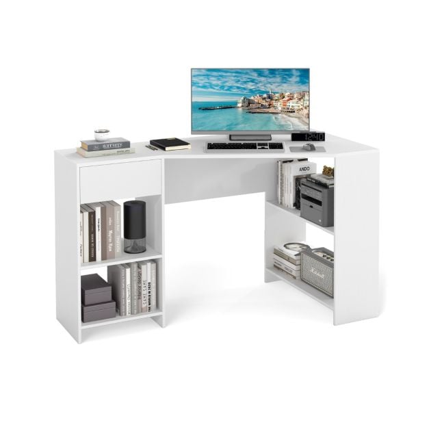L-Shaped Computer Desk with Storage and Open Shelves for Living Room Bedroom-White
