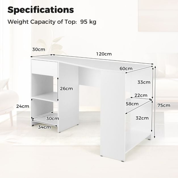 L-Shaped Computer Desk with Storage and Open Shelves for Living Room Bedroom-White
