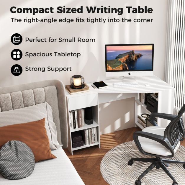L-Shaped Computer Desk with Storage and Open Shelves for Living Room Bedroom-White