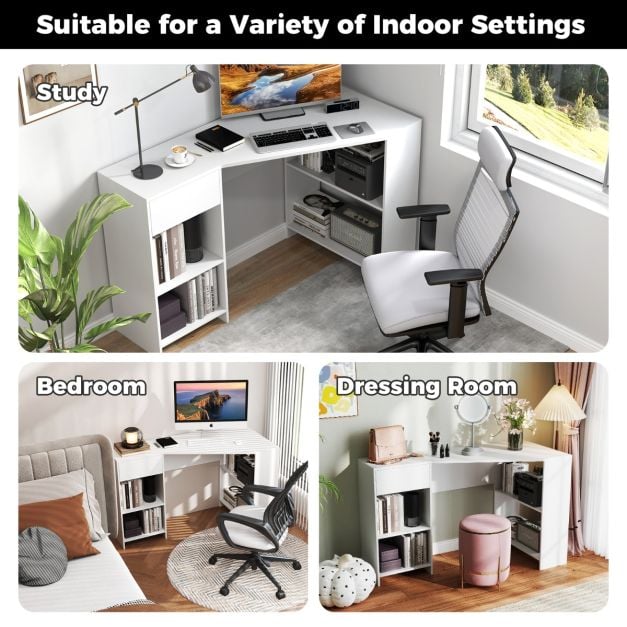 L-Shaped Computer Desk with Storage and Open Shelves for Living Room Bedroom-White