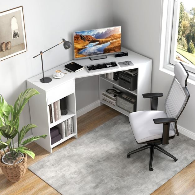 L-Shaped Computer Desk with Storage and Open Shelves for Living Room Bedroom-White