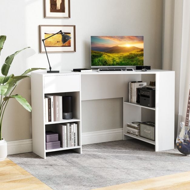 L-Shaped Computer Desk with Storage and Open Shelves for Living Room Bedroom-White