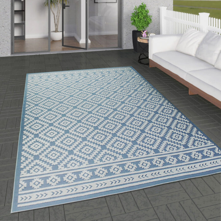 Outdoor Rug Light Blue Cream Diamond