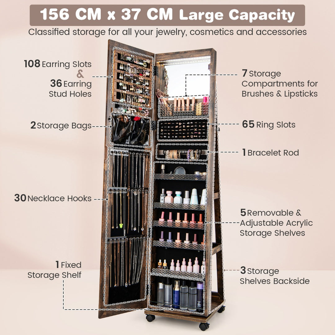 Lockable Jewelry Cabinet Armoire with Built in Makeup Mirror and 3 Color LED Lights