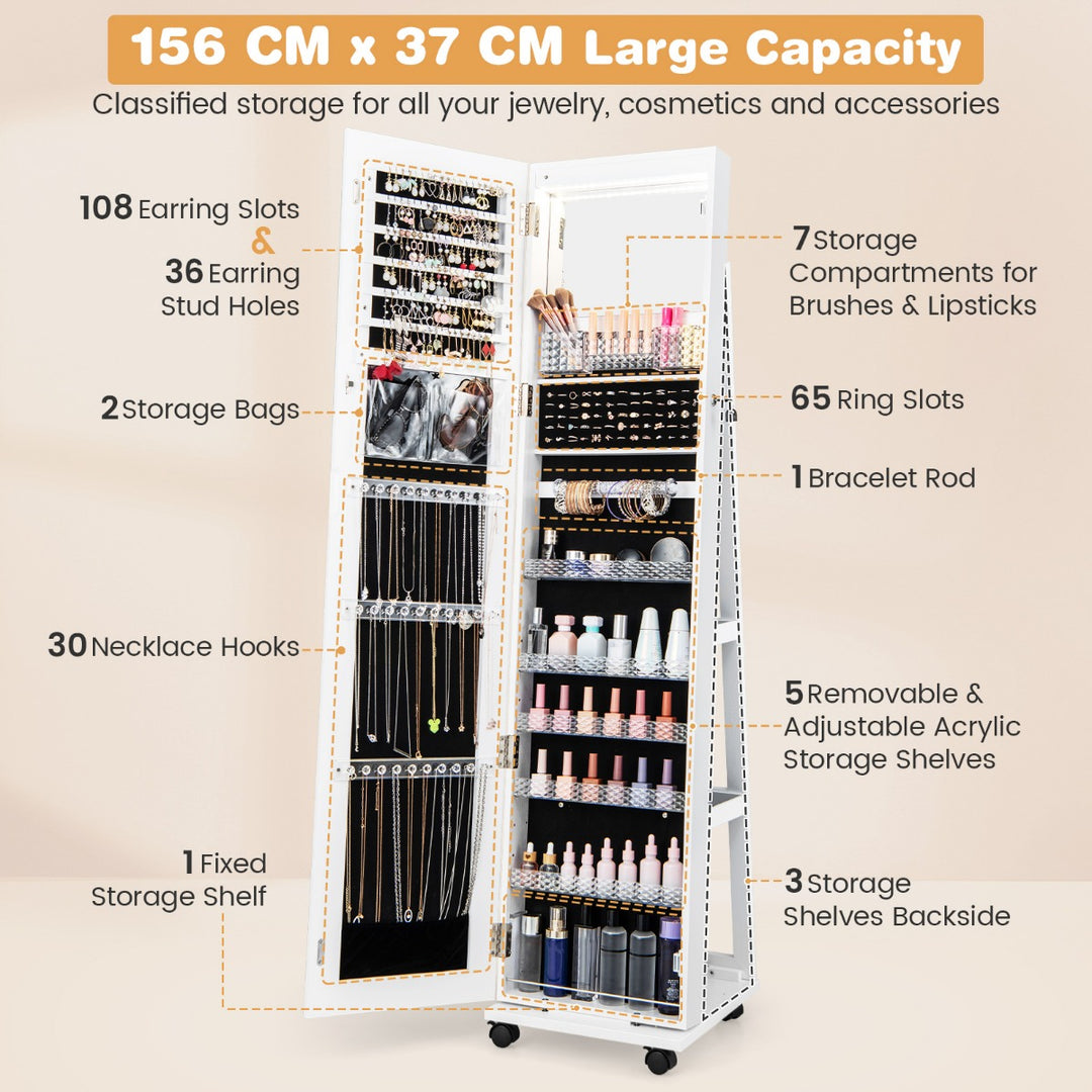 Lockable Jewelry Cabinet Armoire with Built in Makeup Mirror and 3 Color LED Lights