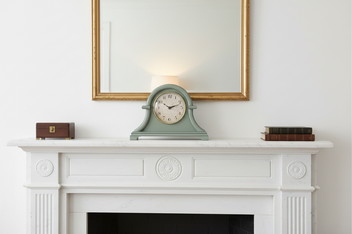 A vintage-style sage green mantel clock with a cream face and black numerals sits on a white fireplace mantel, flanked by a small wooden box on the left and a stack of books on the right, with a gold-framed mirror on the wall above.