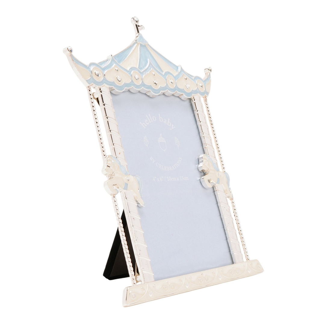 Decorative photo frame with a blue and white canopy design on a white background