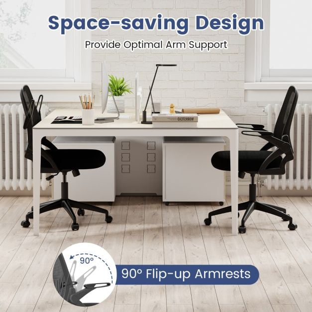 Space-saving office chair with 90-degree flip-up armrests for desk use