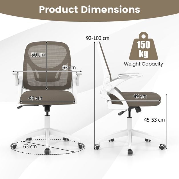 Office chair with dimensions and weight capacity displayed on a white background