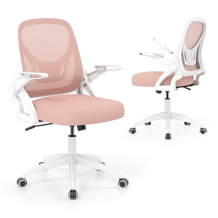 Pink mesh ergonomic office chair with adjustable height and swivel base