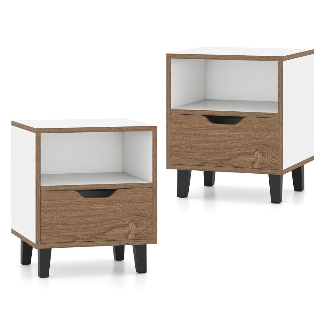 Mid Century Modern Nightstand Set of 2 with Drawer and Open storage Shelf-White - TidySpaces