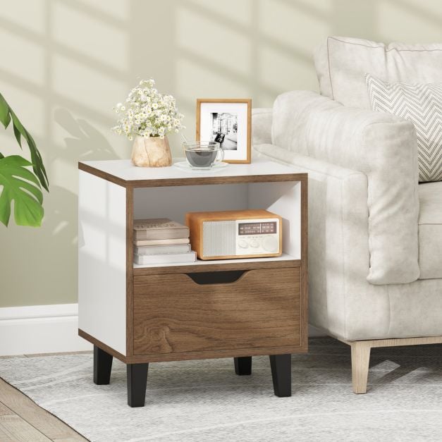 Mid Century Modern Nightstand Set of 2 with Drawer and Open storage Shelf-White
