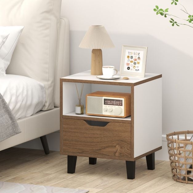 Mid Century Modern Nightstand Set of 2 with Drawer and Open storage Shelf-White