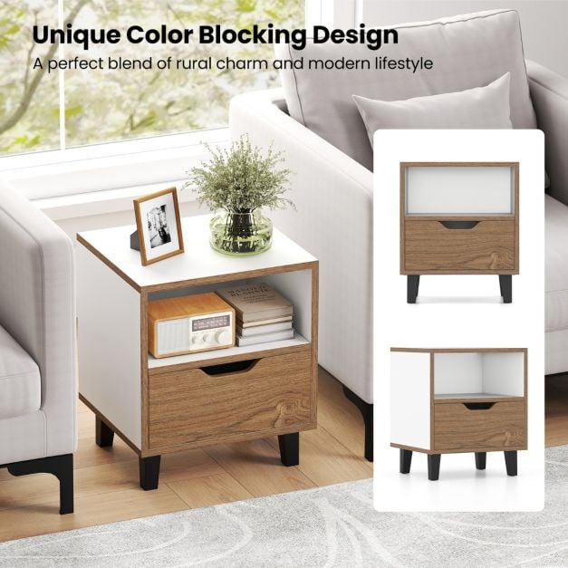 Mid Century Modern Nightstand Set of 2 with Drawer and Open storage Shelf-White
