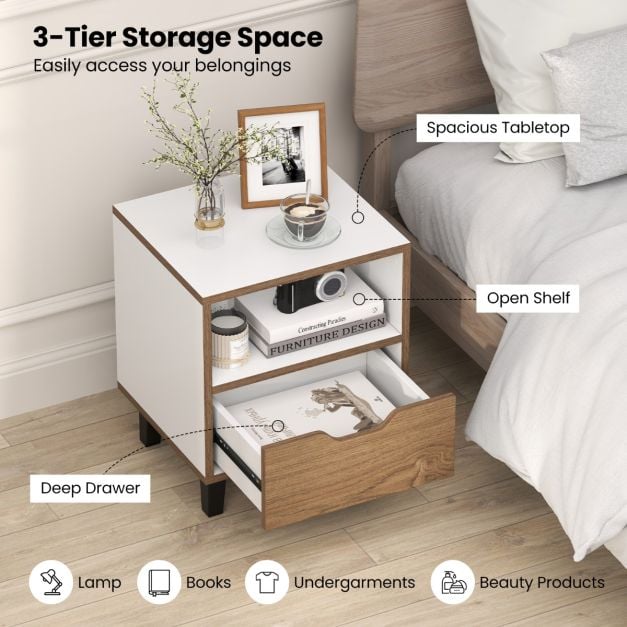 Mid Century Modern Nightstand Set of 2 with Drawer and Open storage Shelf-White