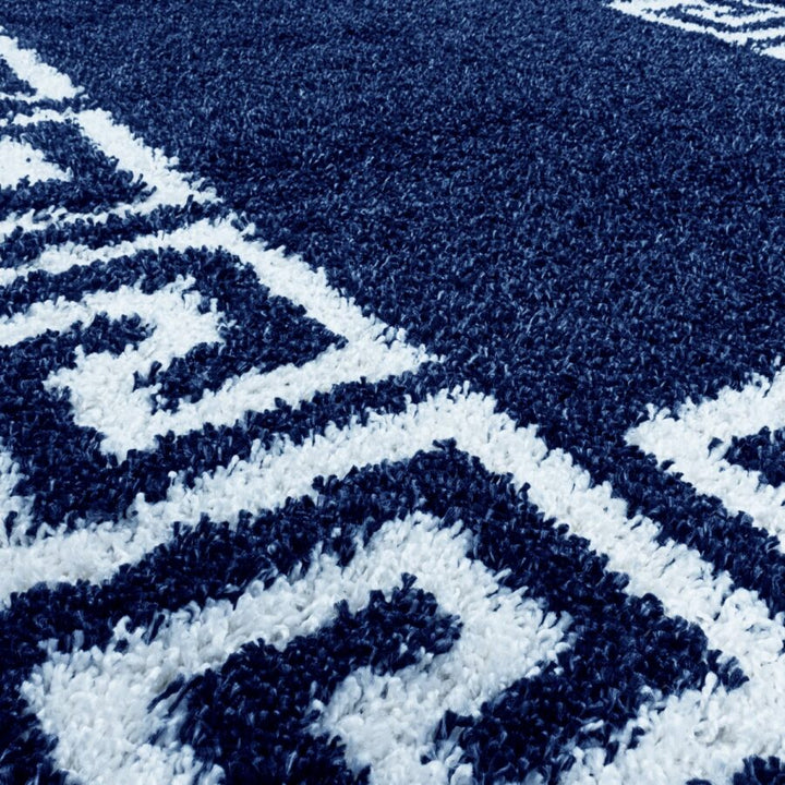 Navy Blue Fluffy Shaggy Rug Greek Key - TidySpaces