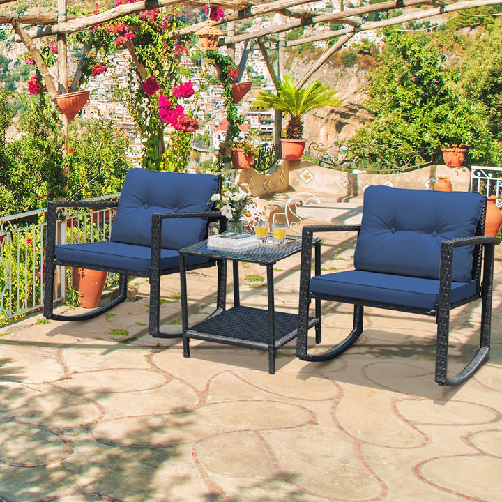 3 Pieces Outdoor Rocking Bistro Set PE Rattan with Cushions