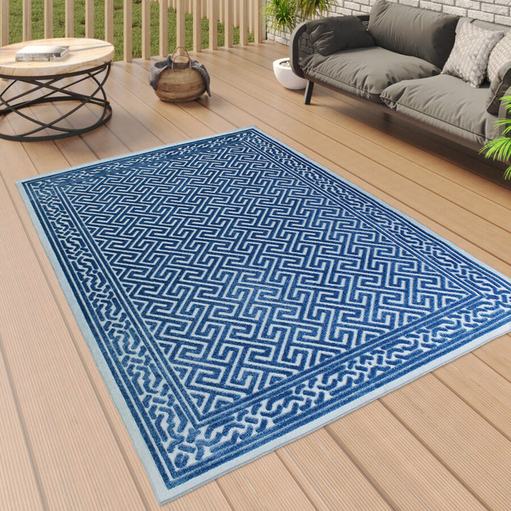 Outdoor Rug Navy Blue and Light Blue Greek Key