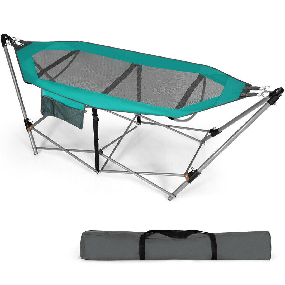 Folding Hammock with Carrying Bag for Patio & Beach-Black Turquoise - TidySpaces