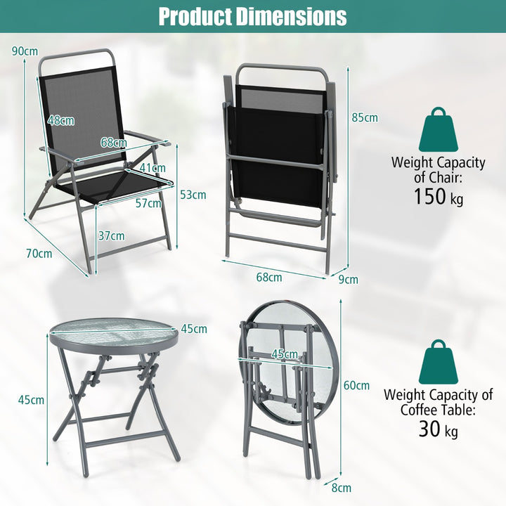 3 Pieces Foldable Patio Bistro Set with Glass Tabletop