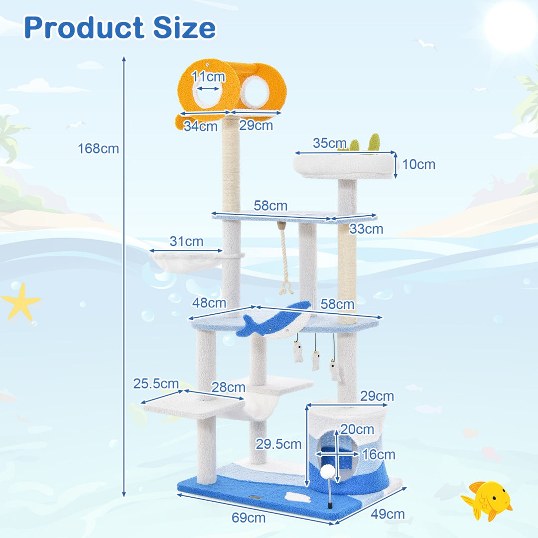 Ocean-themed Cat Tree Tower with Sisal Covered Scratching Posts-Blue