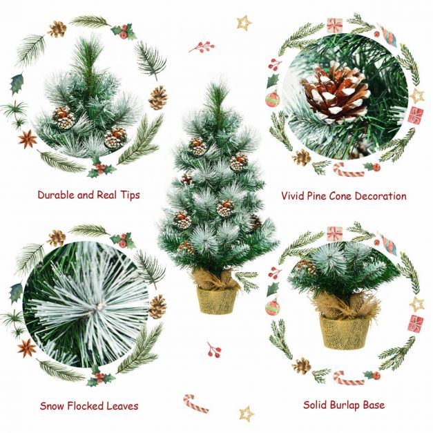 2 Feet Snow Flocked Pine Artificial Christmas Tree with Pine Cones