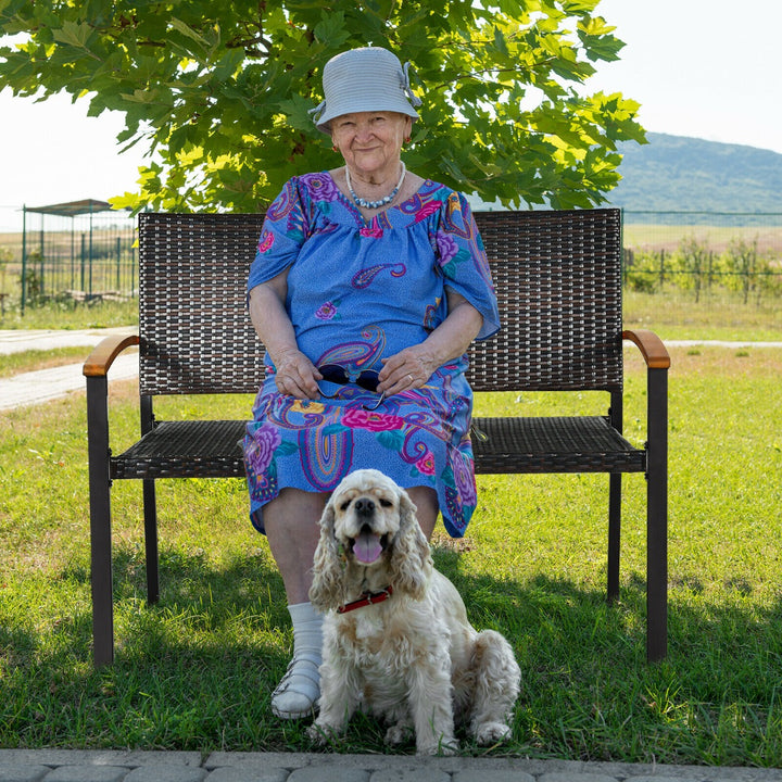 2 Seater Wicker Leisure Loveseat with Acacia Wood Armrests - TidySpaces