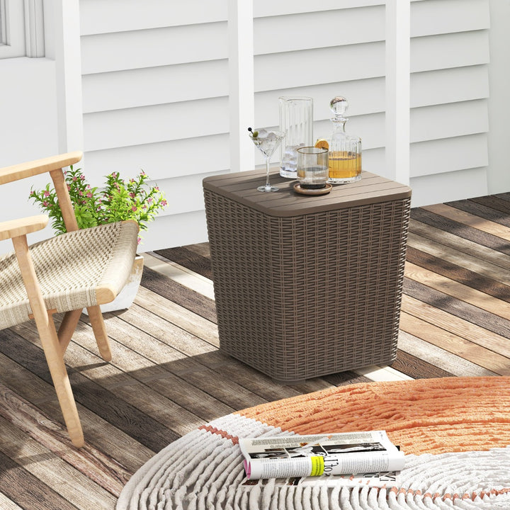 Outdoor Resin Storage Side Table with Removable Lid and Wicker woven Accent - TidySpaces