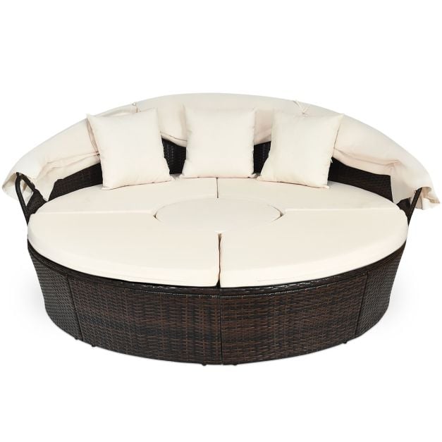 Outdoor Round Daybed with Waterproof Removable Cushions and Height Adjustable Coffee Table-White