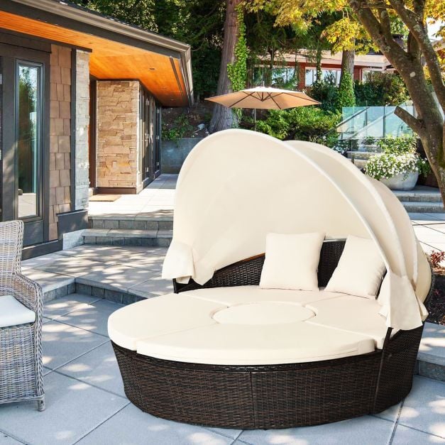 Outdoor Round Daybed with Waterproof Removable Cushions and Height Adjustable Coffee Table-White