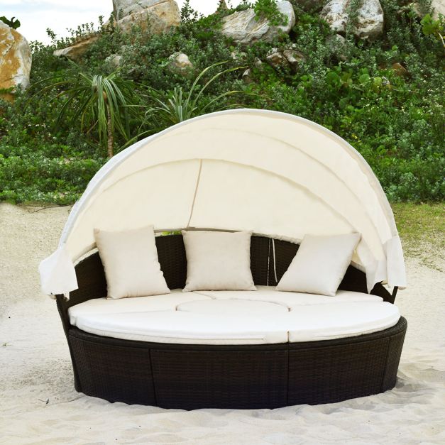 Outdoor Round Daybed with Waterproof Removable Cushions and Height Adjustable Coffee Table-White