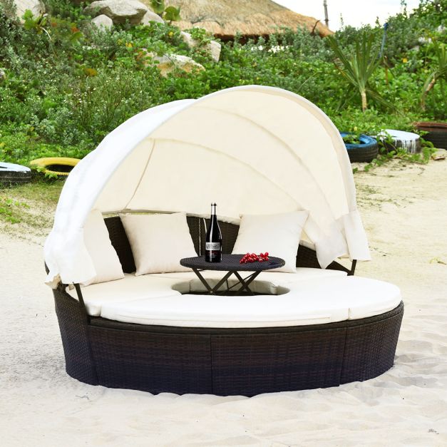 Outdoor Round Daybed with Waterproof Removable Cushions and Height Adjustable Coffee Table-White