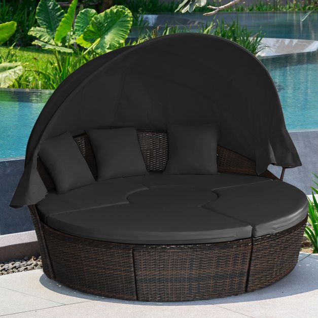 Outdoor Wicker Daybed, Patio Round Sectional Furniture Set-Black