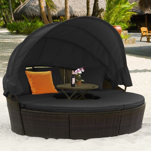Outdoor Wicker Daybed, Patio Round Sectional Furniture Set-Black