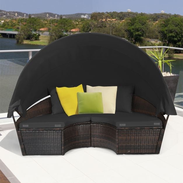 Outdoor Wicker Daybed, Patio Round Sectional Furniture Set-Black