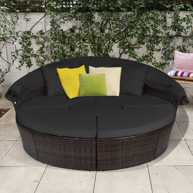 Outdoor Wicker Daybed, Patio Round Sectional Furniture Set-Black