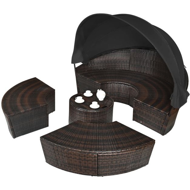 Outdoor Wicker Daybed, Patio Round Sectional Furniture Set-Black
