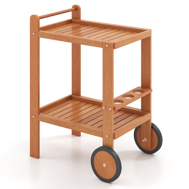 Indoor Outdoor Wood Bar Cart with Wine Bottle Holders and 2 Rubber Wheels - TidySpaces
