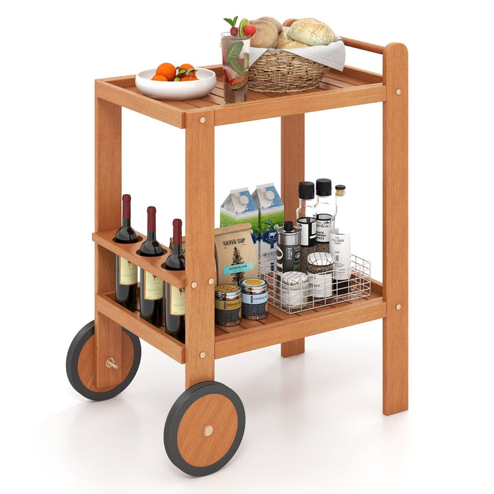 Indoor Outdoor Wood Bar Cart with Wine Bottle Holders and 2 Rubber Wheels - TidySpaces