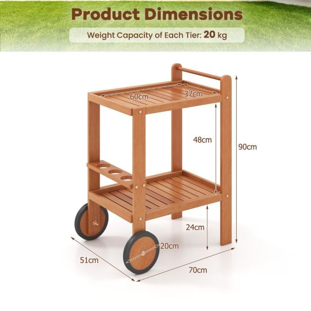 Indoor Outdoor Wood Bar Cart with Wine Bottle Holders and 2 Rubber Wheels - TidySpaces